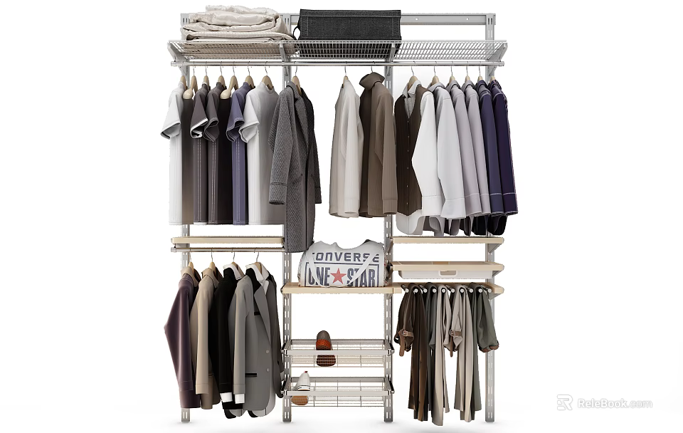 Organized Clothes On Metal Clothing Rack With Multiple Layers Folded Garments Storage Box And Shoes 3d model 