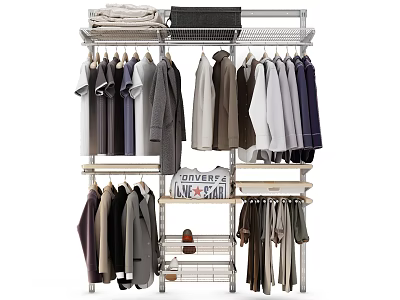 Organized Clothes On Metal Clothing Rack With Multiple Layers Folded Garments Storage Box And Shoes 3d model