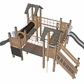 Wooden Outdoor Playground Equipment with Slide Ladder Climbing Elements and Roofed Towers for Kids