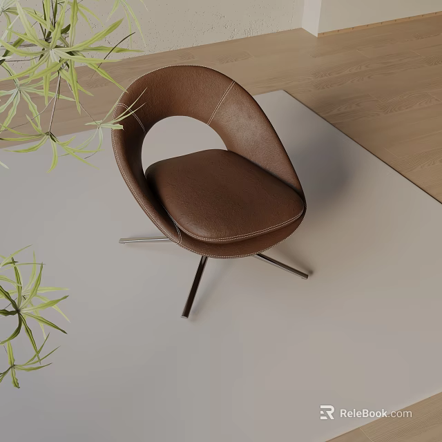 Brown Leather Leisure Chair With Round Backrest Metal Legs And Green Plants On Light Floor 3d model 