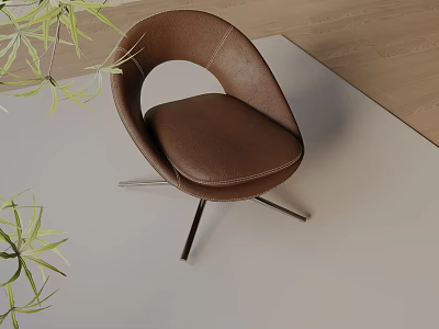 Brown Leather Leisure Chair With Round Backrest Metal Legs And Green Plants On Light Floor 3d model