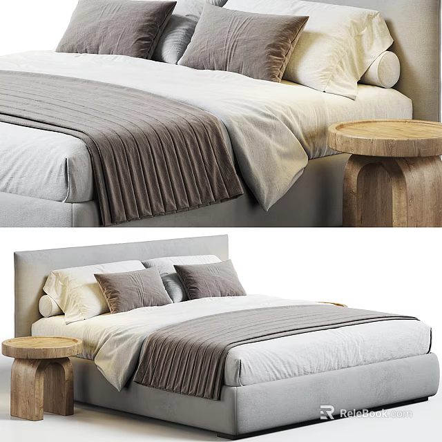 Double Bed With Gray And White Bedding And Wooden Nightstand In Minimalist Design 3d model 
