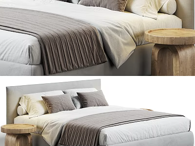 Double Bed With Gray And White Bedding And Wooden Nightstand In Minimalist Design 3d model