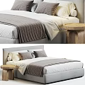 Double Bed With Gray And White Bedding And Wooden Nightstand In Minimalist Design