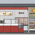 Supermarket Department Store Red Facade And Signboard With Shelves Checkout Counter And Interior Layout