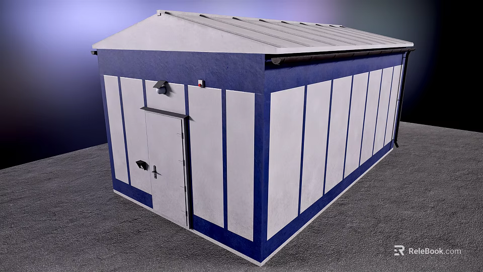 Blue And White Container Building With Flat Roof Small Window And Simple Structure 3d model 