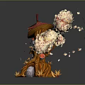 Cartoon Scene Featuring Tree House With Red Roof Pink Flowers Falling Petals And Stone Base