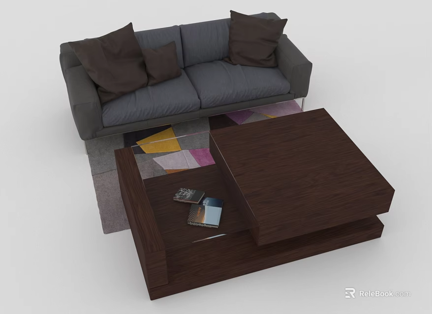 Brown Wooden Coffee Table With Gray Sofa Colorful Rug And Pillows In Living Room 3d model 