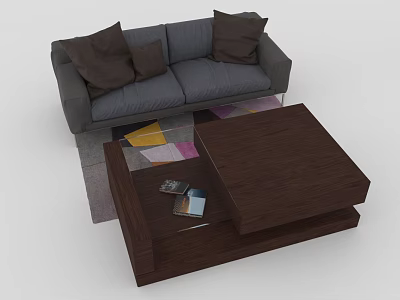 Brown Wooden Coffee Table With Gray Sofa Colorful Rug And Pillows In Living Room 3d model