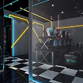 Modern Internet Cafe Interior With Blue Yellow Lighting Black White Checkered Floor And Gaming Computers
