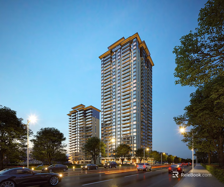 Modern High Rise Residential Buildings Illuminated In The Evening With Trees Streetlights And Cars 3d model 