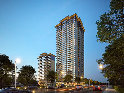 Modern High Rise Residential Buildings Illuminated In The Evening With Trees Streetlights And Cars 3d model