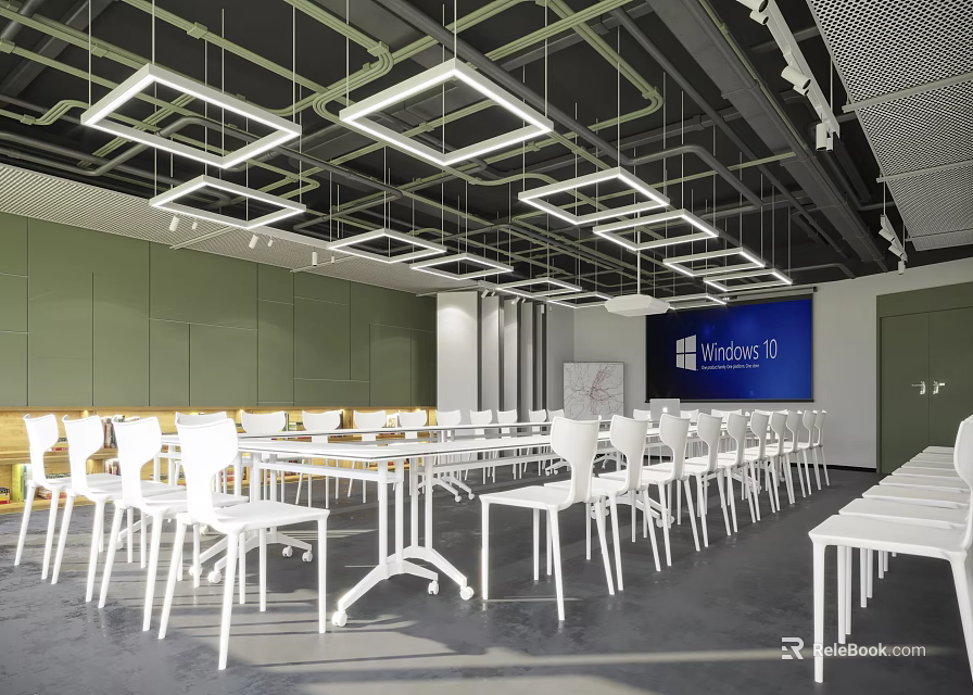 Modern Conference Room Interior With White Tables Chairs Green Walls And Blue Screen 3d model 