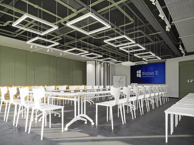 Modern Conference Room Interior With White Tables Chairs Green Walls And Blue Screen 3d model