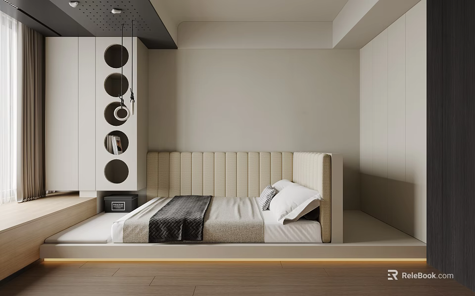 Modern Bedroom Interior With Upholstered Headboard White Pillows Dark Blanket And Round Decor Cabinets 3d model 