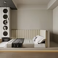 Modern Bedroom Interior With Upholstered Headboard White Pillows Dark Blanket And Round Decor Cabinets