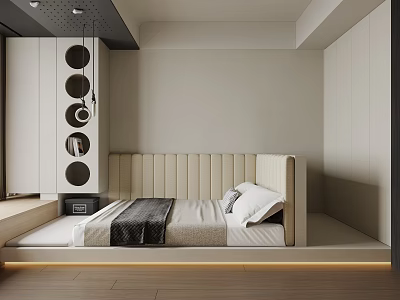 Modern Bedroom Interior With Upholstered Headboard White Pillows Dark Blanket And Round Decor Cabinets 3d model