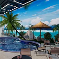 Modern Indoor Swimming Pool With Blue Water Palm Trees And Ceiling Lights