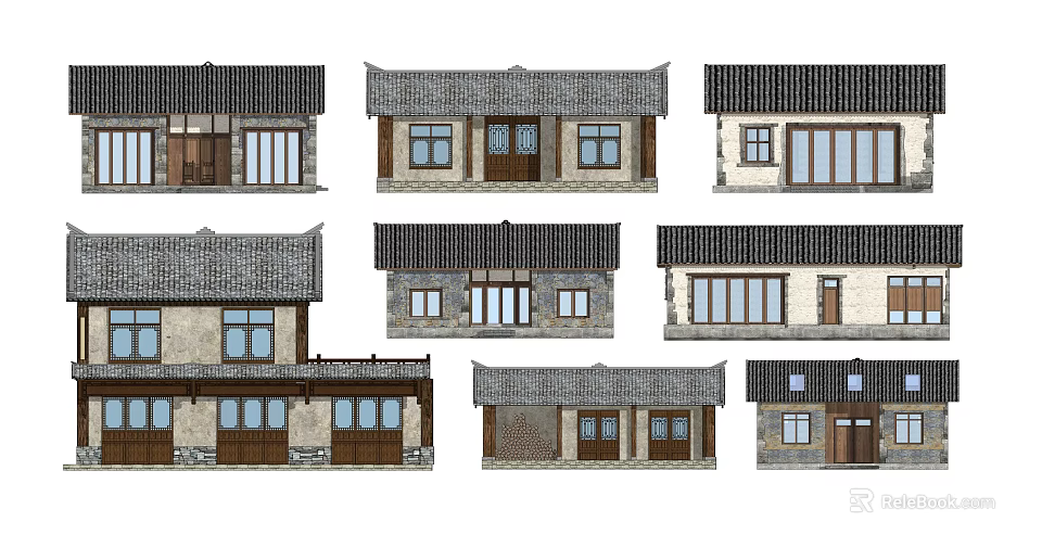 Traditional Chinese Residential Architecture With Tile Roofs And Various Facade Designs 3d model 