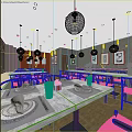 Modern Restaurant Interior With Wooden Dining Tables White Plates Pendant Lights And Decorative Paintings