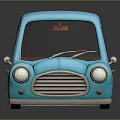 Cartoon Blue Car with Adorable Design and 3D Model Reflection on Black Surface