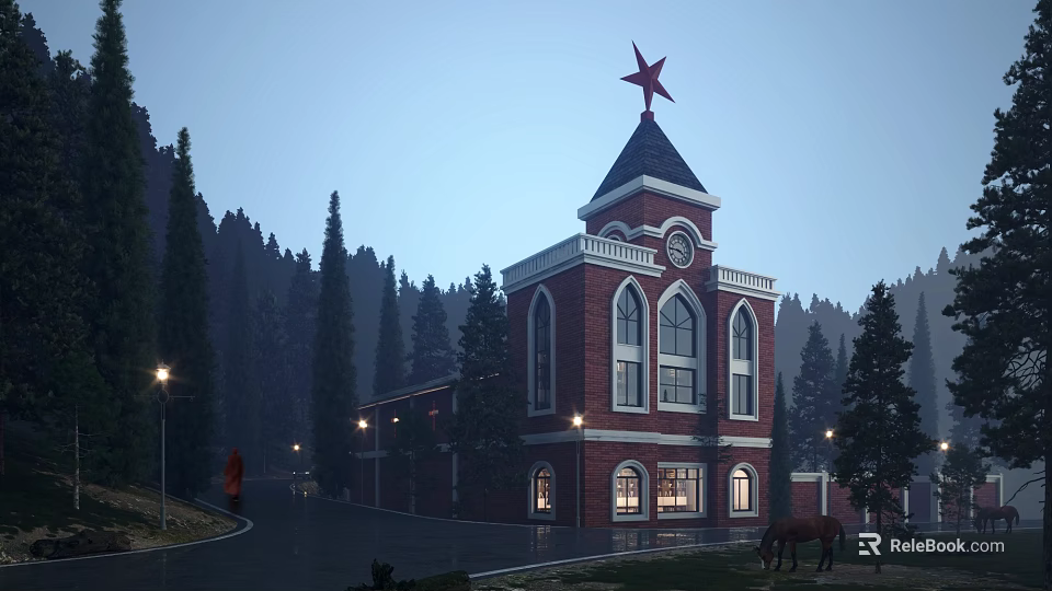 Red Brick Building with Red Star Spire Dusk Scene Surrounded by Pine Trees and Horse 3d model 