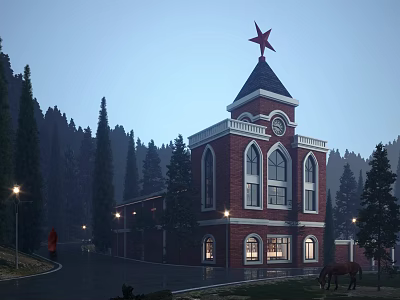 Red Brick Building with Red Star Spire Dusk Scene Surrounded by Pine Trees and Horse 3d model