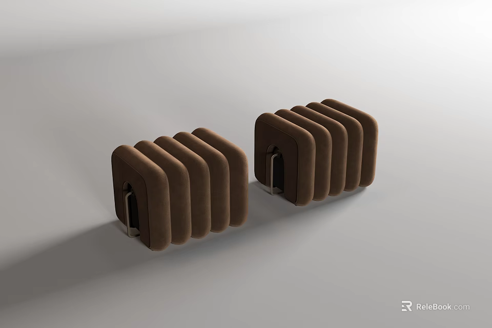 Two Brown Fabric Sofa Stools With Modern Minimalist Striped Design For Home Decor 3d model 