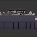 Cartoon Style Traditional Building Scene With Trees Blue Pool And Circular Logo