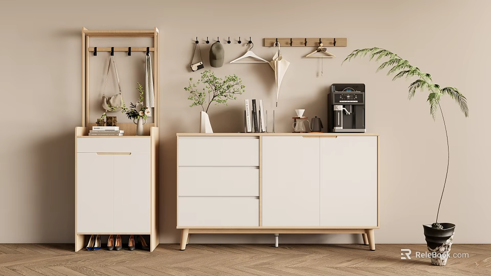 Modern Sleek Shoe Cabinet With Wall Mounted Hanging Hooks Potted Plant Coffee Machine And Books 3d model 