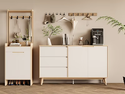 Modern Sleek Shoe Cabinet With Wall Mounted Hanging Hooks Potted Plant Coffee Machine And Books 3d model