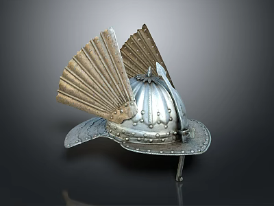 Detailed Ancient Metallic Decorative Steel Helmet With Fan Shaped Armor Design 3d model