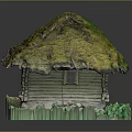 Thatched Roof Wooden Cabin Structure With Moss Covered Top And Green Plants Around Base