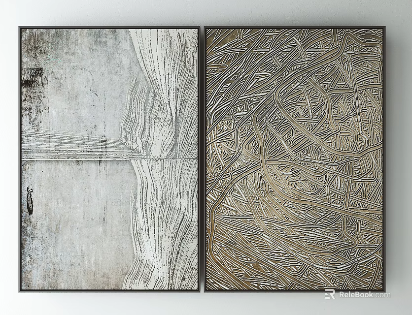 Abstract Wall Art With Gray White And Gold Textured Patterns In Black Frames 3d model 