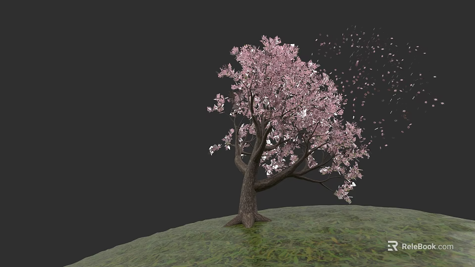 Botanical Painting of Pink Flowering Tree With Falling Petals and Green Grass 3d model 