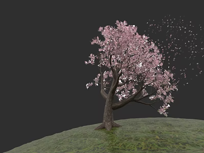 Botanical Painting of Pink Flowering Tree With Falling Petals and Green Grass 3d model
