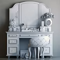 Dark Distressed Dresser With Decorative Mirror Vase Pink White Flowers Clock Scented Candles Upholstered Stool