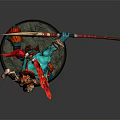 Detailed Blue Skinned Red Armored Spear Wielding Game Movie Character In Dynamic Stance