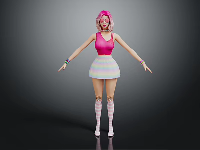 Vibrant Pink Haired Character Wearing Pink Tank Top Rainbow Skirt And Striped Stockings 3d model