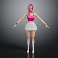 Vibrant Pink Haired Character Wearing Pink Tank Top Rainbow Skirt And Striped Stockings