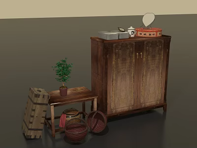 Rustic Wooden Furniture Set With Cabinet Small Table Plant Crate And Baskets 3d model
