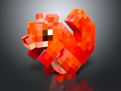3D Pixel Art Red Squirrel Character With Vibrant Red Blocky Design On Dark Reflective Background 3d model