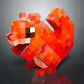 3D Pixel Art Red Squirrel Character With Vibrant Red Blocky Design On Dark Reflective Background