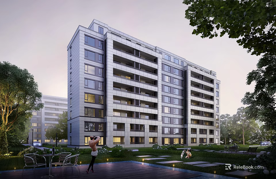 Mid Rise Modern Residential Building Featuring Balconies Large Windows Greenery And Outdoor Space 3d model 