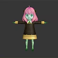 Game And Movie Character With Pink Hair Green Eyes Cat Ears In Black Yellow Dress Arms Outstretched