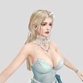 Woman With Blonde Hair In Light Blue Strapless Top White Tight Pants And White Boots