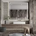 Modern Bathroom With Marble Walls Lighted Mirror Wooden Vanity And Glass Shower