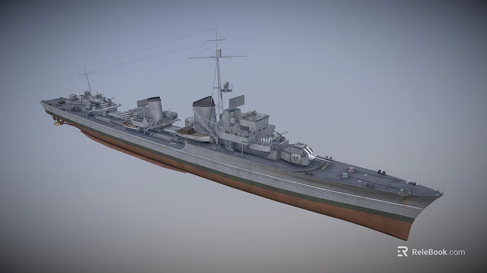 Detailed Warship Model With Gray Hull And Brown Bottom Against Gray Sky 3d model 