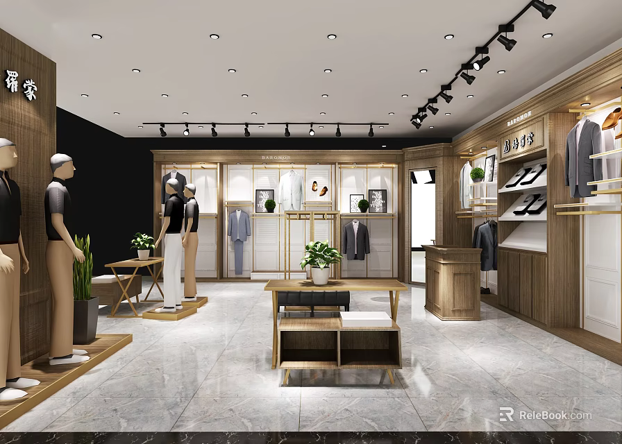 Modern Clothing Store Interior With Wooden Racks Mannequins Display Cabinets And Lighting 3d model 