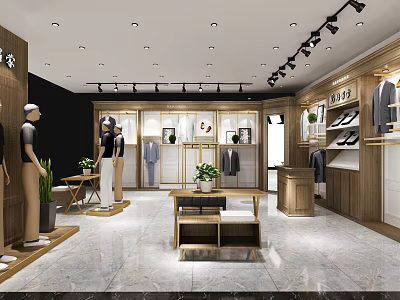 Modern Clothing Store Interior With Wooden Racks Mannequins Display Cabinets And Lighting 3d model